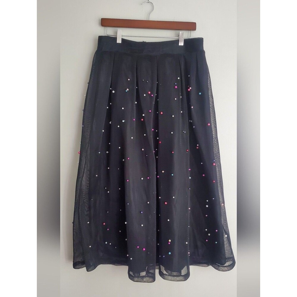 Black A-Line Mesj Midi Skirt with Multicolor Bead Accents Size 1x